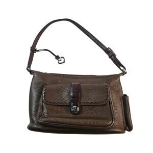 BRIGHTON Brown Leather w/ Croc Embossed
Trim Satchel Shoulder Bag pre owned